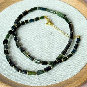 Old-mined Green Tourmaline Tube Beads Necklace