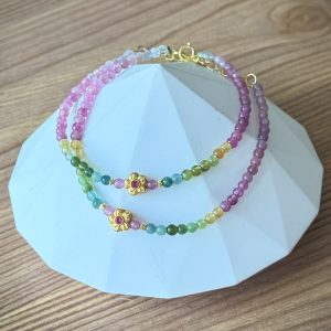 Rainbow Tourmaline 3mm with S925 Flower and Adjustable Lock